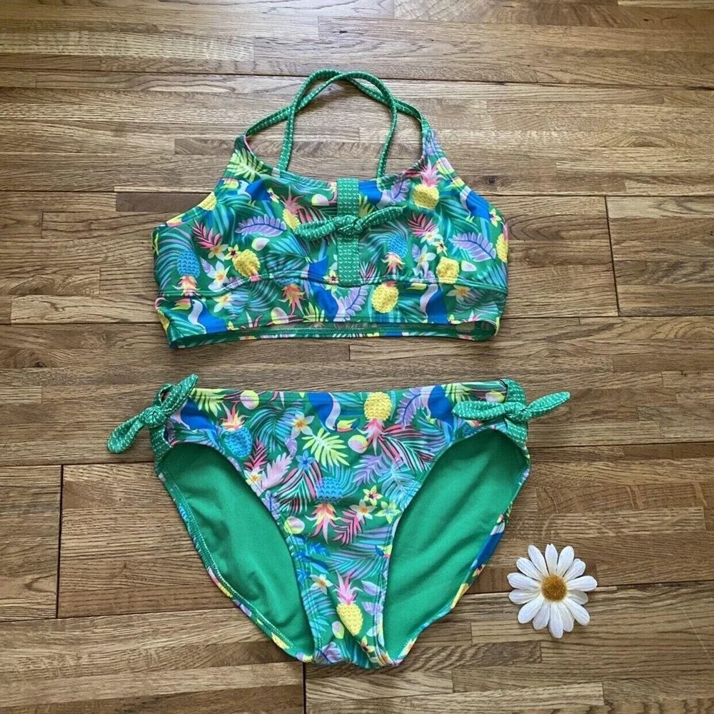 Cat & Jack Green‎ Pineapple Tropical Design 2 Piece Swimsuit Size 10/12